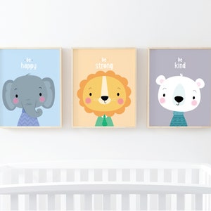 Stampe di animali per la cameretta dei bambini, stampe da parete per la cameretta dei bambini, set da 3, decorazioni da parete per bambini, regalo per neonato, regalo per neonato, decorazioni per la cameretta dei bambini, sii felice, sii forte, leone