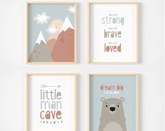 Little man cave, Set of 4 Nursery prints, Kids wall art set, Mountain Nursery decor, Baby boy gift, Blue Nursery art, You are strong, loved