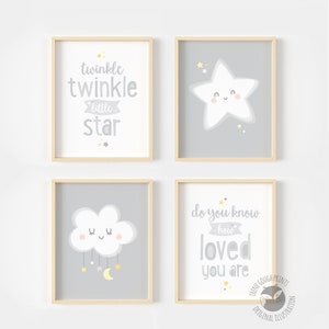 Twinkle twinkle, Nursery prints, set of 4, do you know how loved you are, grey nursery, gender neutral nursery wall art, little star