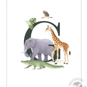 May include: A green letter G with a grey elephant, a brown giraffe, a green alligator, and a brown bird flying above. The letter G is surrounded by green leaves.
