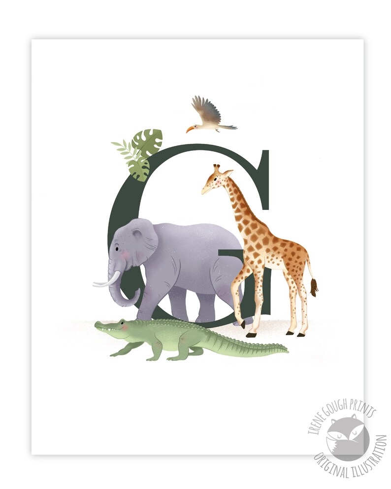 May include: A green letter G with a grey elephant, a brown giraffe, a green alligator, and a brown bird flying above. The letter G is surrounded by green leaves.