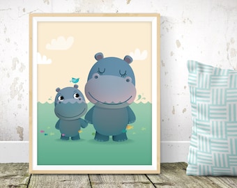 Hippo print, nursery illustration, nursery decor, nursery art, baby hippo, new baby gift, mothers day print, mothers day gift, nursery print