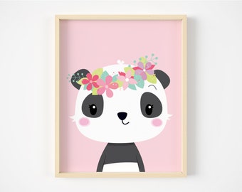 Girls nursery wall  art, Panda print, Nursery print, Girls room decor, baby girl nursery decor, Flower crown, Girls room art, Baby animal