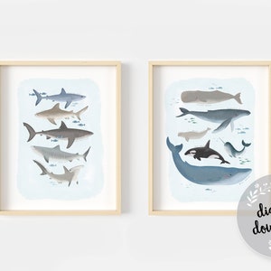 Whales and Sharks Nursery Print Set: Under the Sea Wall Art (Digital Download)