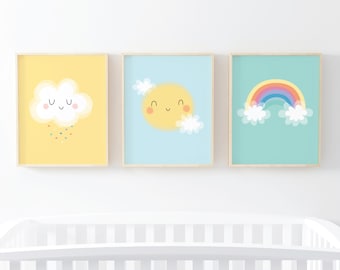 Nursery wall art, Nursery decor cloud, Set of 3 prints, Nursery print, Rainbow Nursery print, Kids wall art, Nursery decor neutral, sunshine