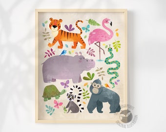 May include: A colorful illustration of jungle animals, including a tiger, hippopotamus, flamingo, gorilla, lemur, turtle, and snake. The animals are surrounded by green leaves and flowers.