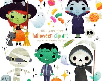 Cute Halloween Clip Art PNG Files - Instant Download - Spooky Characters - Commercial Use - Halloween illustrations, Cute Witch, Cute mummy