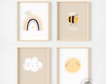 Gift for kids, Nursery wall art, Nursery Decor, Set of 4 Prints, Bee happy, Boho rainbow, Neutral colours, Gender neutral, New baby gift