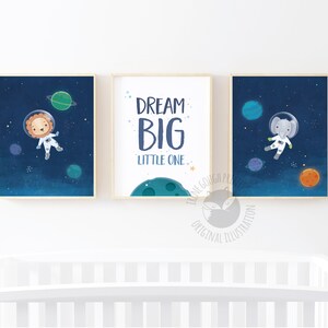 Decorazione murale per cameretta dei bambini con tema spaziale, Sogna in grande, Set di stampe per cameretta dei bambini, Set di decorazioni murali per bambini, Decorazioni blu per cameretta dei bambini, Regalo per neonato, Decorazione blu per cameretta dei bambini