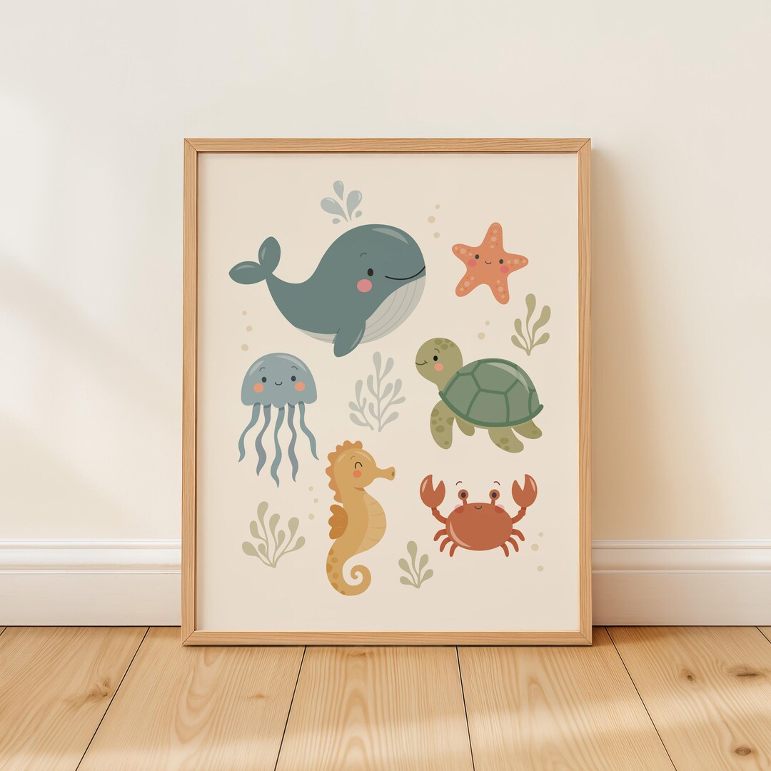 Ocean Nursery Wall Art Print, Cute Sea Animal Poster, Whale Turtle ...
