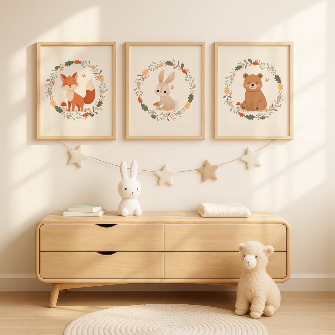 Woodland Animal Nursery Wall Art Set of 3 Prints, Fox Bunny Bear Decor ...
