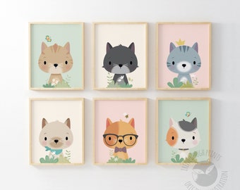 Set of 6 Adorable Cat Prints for Children's Room Decor - Whimsical Kitty Art Collection