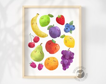 Cute Hand-Drawn Fruit Kids Art Print - Whimsical Nursery Decor - Educational kids wall art