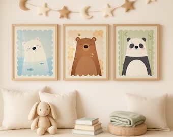 Bear Nursery Wall Art Set of 3 Prints – Polar Bear, Brown Bear & Panda – Neutral Baby Room Decor – Animal Nursery Prints
