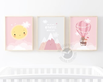 Girls Nursery wall art, Set of prints, New baby girl gift, Pink nursery decor, You are our greatest adventure, Cute wall decor, Baby girl