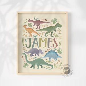 Personalized Dinosaur Name Print for Children Customized Dino Art Kids Bedroom Decor image 1