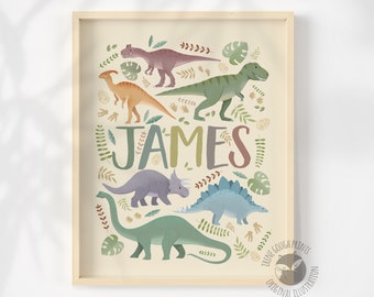 Personalized Dinosaur Name Print for Children - Customized Dino Art - Kids Bedroom Decor