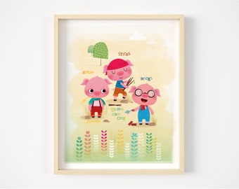 Three little pigs print, Nursery wall art, kids room decor, nursery print, kids illustration, Baby shower gift, new baby, story book art