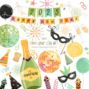 Clipart di Capodanno: Set disegnato a mano per la creatività festiva, download istantaneo, licenza commerciale, DigitalFiles, PNG ad alta risoluzione, trasparente