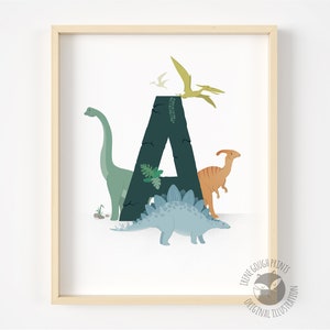 Arte de pared con letras de dinosaurio, Impresión inicial personalizada, Impresión para guardería, Decoración para guardería, Regalos para niños, Regalo navideño único, Arte lindo