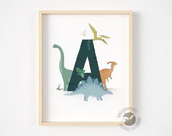 Dinosaur letter wall art, Personalised initial print, Nursery print, Nursery Decor, Gifts for kids, Unique Christmas gift, Cute art