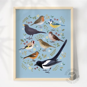 Stampa artistica di uccelli da giardino, illustrazione di uccelli, arte murale naturalistica, regalo per amanti degli uccelli, decorazione per cameretta degli uccelli, decorazione murale di uccelli da giardino, arte della fauna selvatica