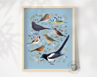 Garden bird art print, Bird illustration, Nature wall art, Bird lover gift, Bird nursery decor, Garden bird wall decor, Wildlife art
