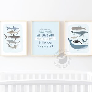 Arte murale per la cameretta dei bambini, set di 3 stampe per bambini, set di arte murale, decorazioni per cameretta dei bambini grigie, regalo per neonato, arte per cameretta dei bambini blu, cameretta dei bambini con tema oceano, tema nautico