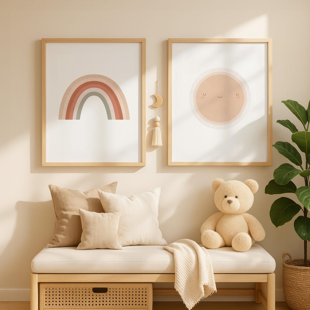 Neutral Boho Nursery Wall Art Set of 2, Earth Tone Rainbow and Sun ...