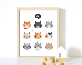 Cat nursery wall art, nursery print, cute cat print, wall art, kids room decor, kids wall art, cat poster, baby shower gift, cute animal