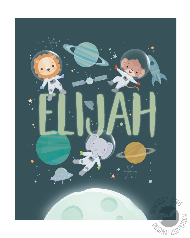 May include: A green and white space-themed personalized print with the name "ELIJAH" in the center. The print features a lion, monkey, and elephant wearing astronaut suits floating in space with planets, stars, and a rocket.