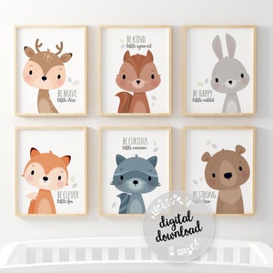 Woodland Nursery Wall Art, Printable woodland, Digital Nursery Print Set, kids wall art, be brave, be kind, be strong, Instant Unique art