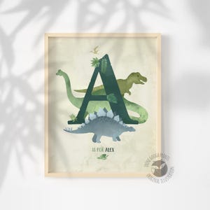 Arte de pared con letras de dinosaurio, Impresión inicial personalizada, Arte inicial para niños, Decoración de guardería, Imagen con el nombre del bebé, Regalo único, Arte con letras lindo