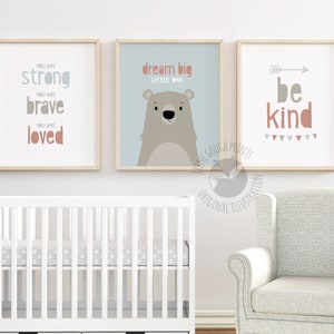 Dream big little one, Set of 3 Nursery prints, Kids wall art set, Grey Nursery decor, Baby boy gift, Blue Nursery art, Be kind, Boho nursery