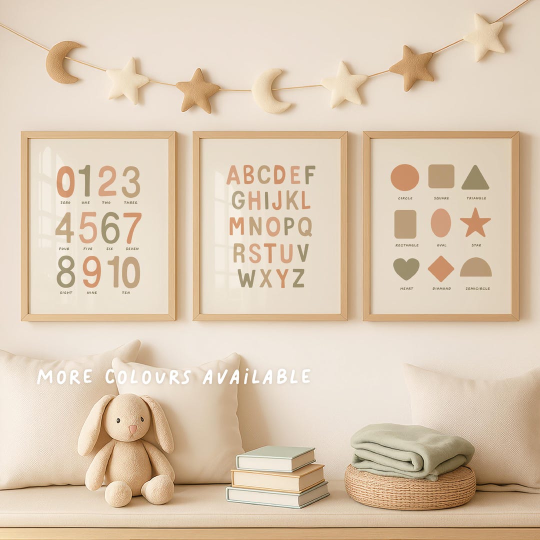 Neutral Nursery Wall Art Set of 3 Unframed Prints, Montessori ABC 123 ...