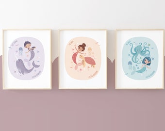 Mermaid nursery wall art - Set of 3 prints, Girls room decor, Under the sea theme, Ocean themed nursery prints, new baby gift, Unique gift