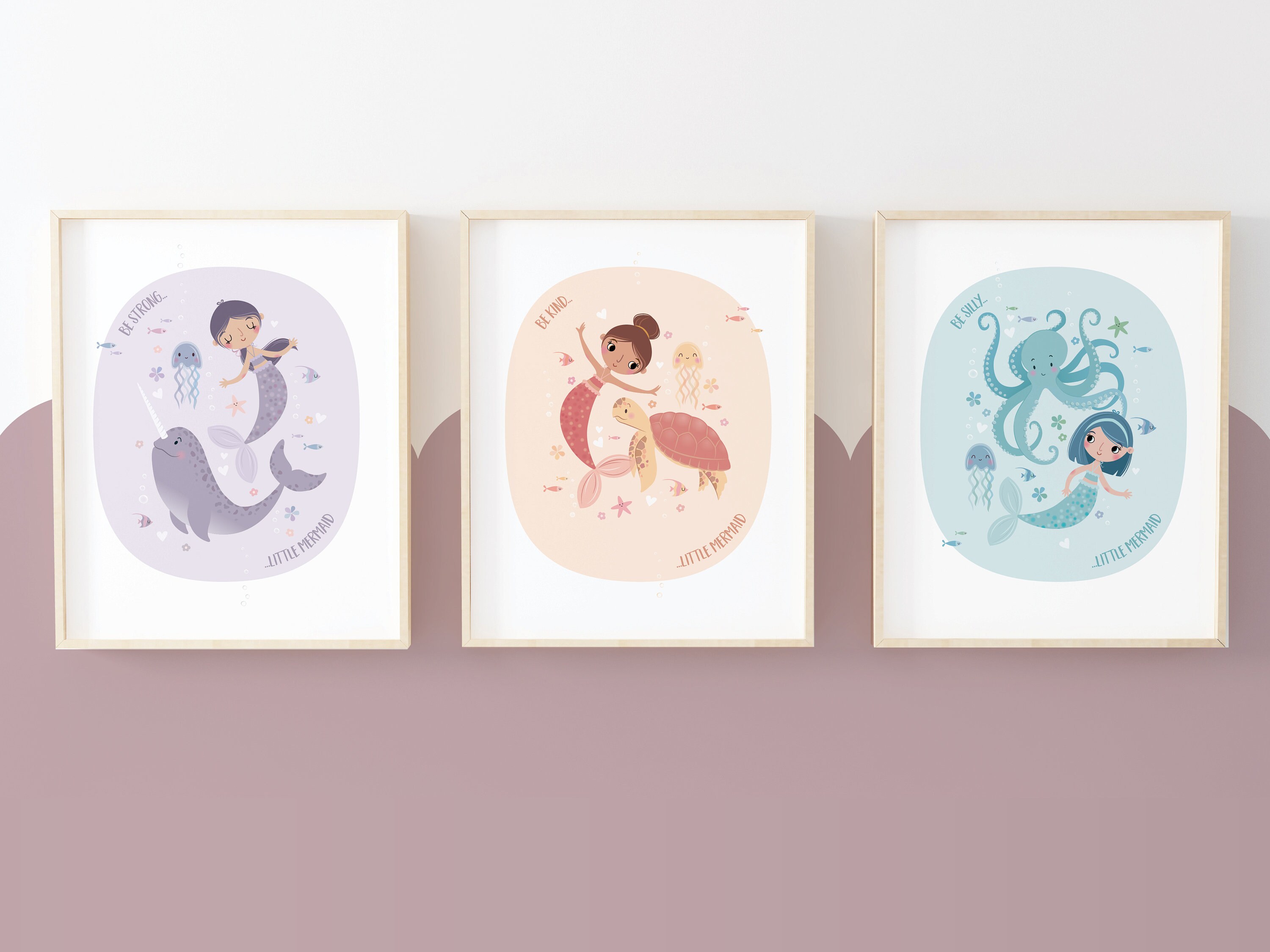 Mermaid nursery wall art - Set of 3 prints, Girls room decor, Under the sea theme, Ocean themed nursery prints, new baby gift, Unique gift
