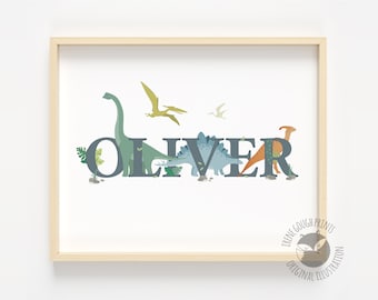Personalised gift for kids - Dinosaur name print, nursery wall art, nursery prints, dinosaur decor, kids room decor, dinosaur art print
