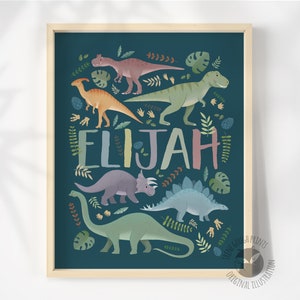 Personalized Dinosaur Name Print for Children Customized Dino Art Kids Bedroom Decor Deep teal