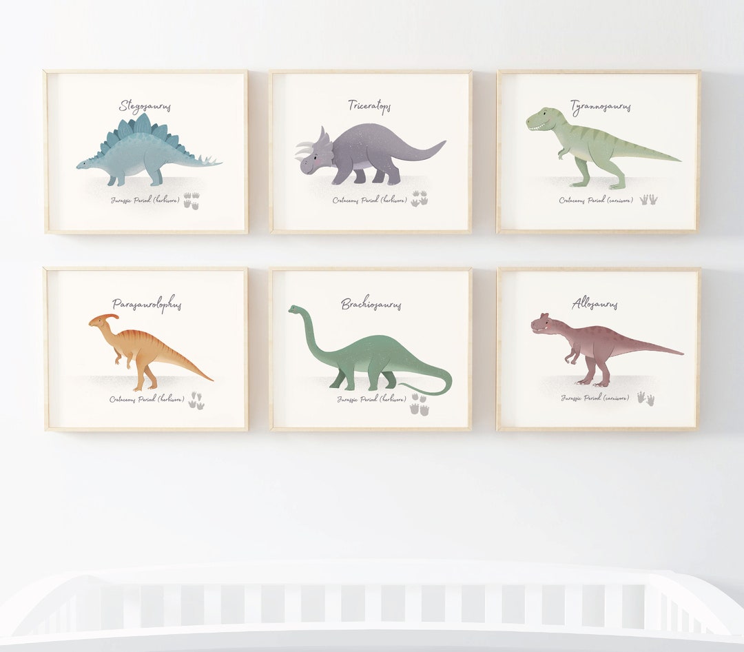 Set of 6 Dinosaur Nursery Prints, Nursery Wall Art, Dinosaur Decor ...