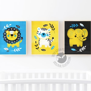 Arte per cameretta dei bambini in stile safari, stampe di animali retrò, cameretta colorata, decorazioni da parete per bambini, regalo fatto a mano, neonato, arte originale, leone, tigre, elefante