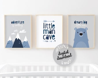 Digital Nursery Wall Art, Little man cave download, Adventure is calling, Printable Nursery Print Set, Instant Alphabet art, Navy blue decor