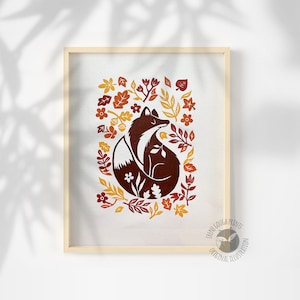 Linocut Fox Print: Hand-Printed Woodland Art (8x10in)