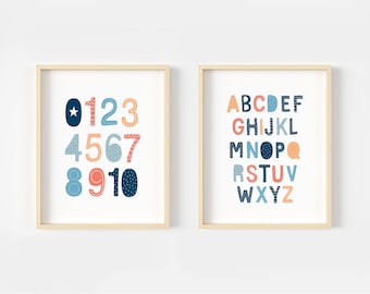 Colourful alphabet and numbers print, Set of 2 prints, Nursery decor, Boys room decor, Nursery wall art, Kids wall art, Kids decor