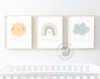 You are my sunshine, set of 3 nursery prints, weather kids decor, sunshine wall art, boho rainbow, happy cloud, girls room decor, baby girl