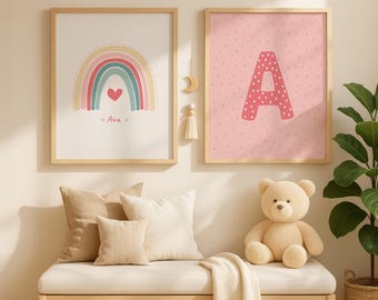 Personalised Rainbow Nursery Print Set | Custom Name & Initial Wall Art | Pastel Baby Girl Nursery Decor | Soft Scandi Kids Room Art
