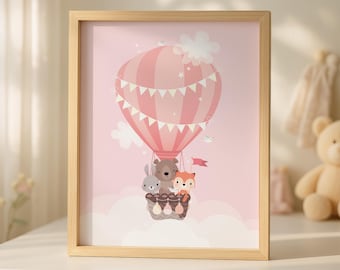 Hot Air Balloon Nursery Wall Art – Cute Woodland Animals Print, Pink or Blue Nursery Decor, Baby Room Illustration