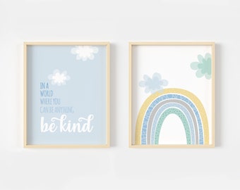 In a world where you can be anything be kind, print set, nursery decor, nursery wall art, boys room  decor, boys art, rainbow wall decor