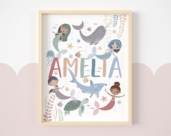 Personalized name art print, Mermaid name wall art, Nursery Girls Bedroom, Baby Girl Gift, Girls Birthday Present, Naming day, New baby gift