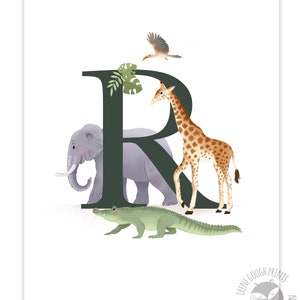 May include: A green letter R with a gray elephant, a brown giraffe, a green alligator, and a brown bird with a yellow beak.